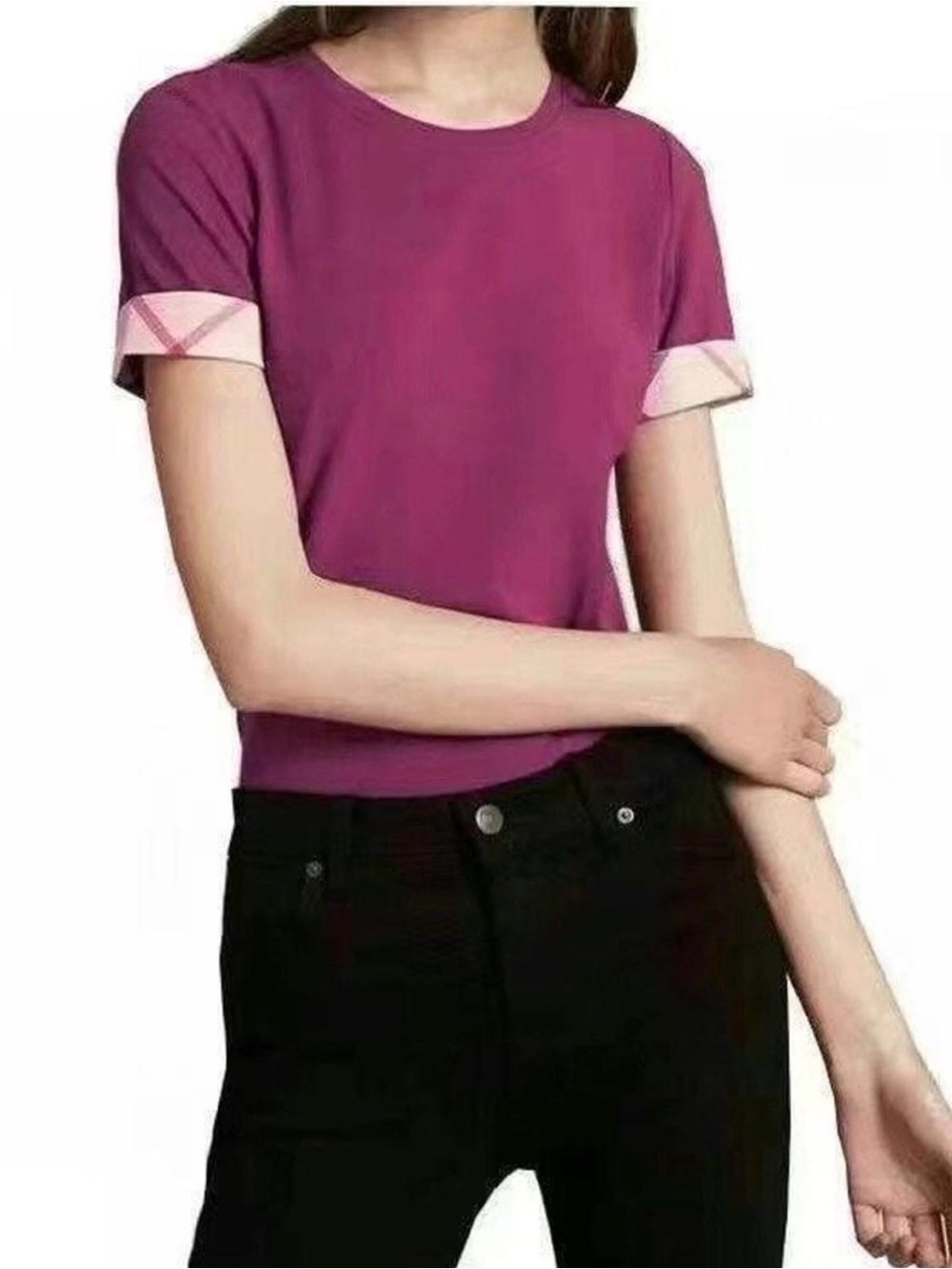 Burberry Brit T-shirt magenta pink purple classic Burberry print cuff sleeve L